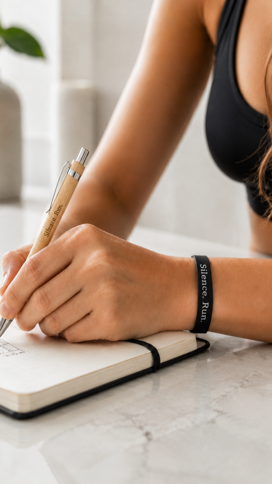 Braccialetto nero e penna in legno Silence Run