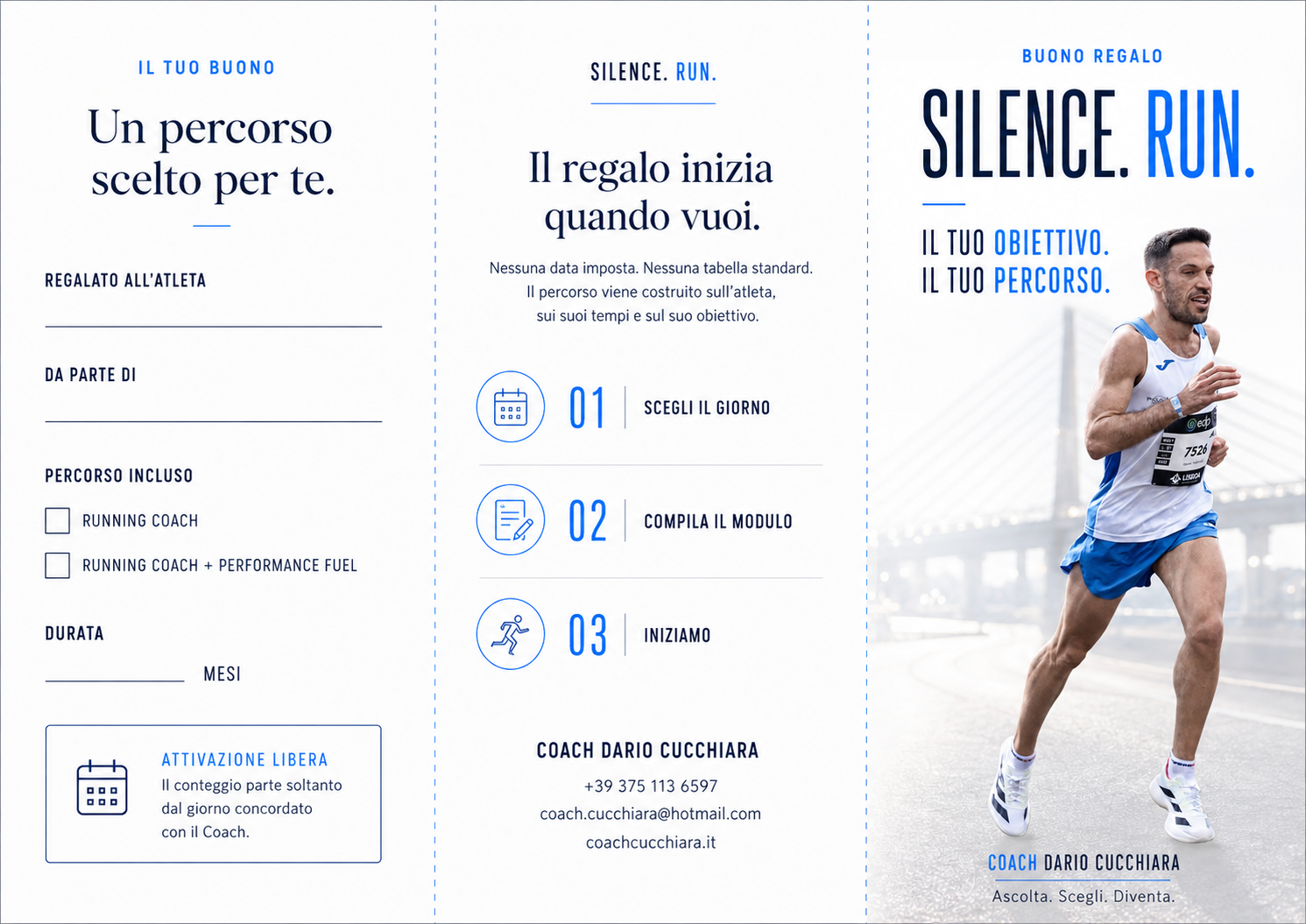 Parte esterna del depliant Buono Regalo Silence. Run.